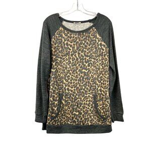 First Love Women’s Long Sleeve Front Pocket Pullover Top Gray/Multi Leopard L